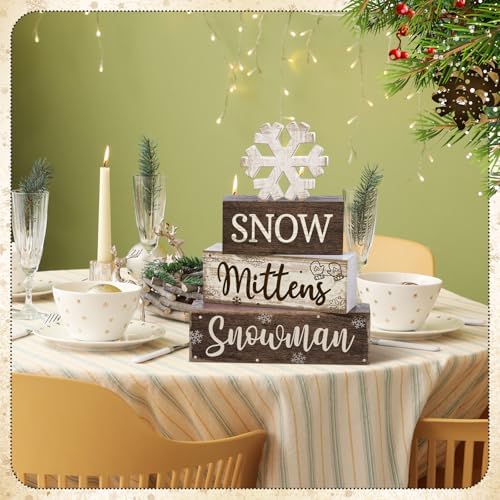 Moucuny 4 Pcs Wooden Snowman Block Signs Farmhouse Table Decoration - Image 6