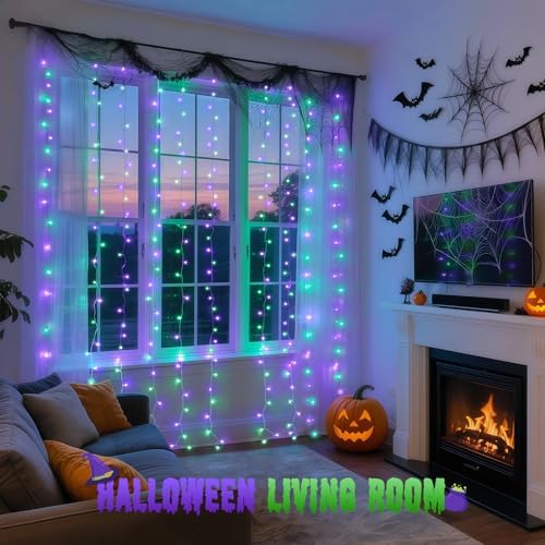 JMEXSUSS 300LED Purple & Green Curtain Lights for Halloween Decor, Plug in - Image 4