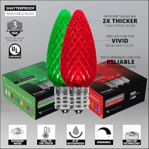 Wintergreen Lighting 100’ OptiCore LED Red and Green Christmas Pathway Lights, C9 Outdoor Landscape Lights, 4.5” Stakes, Green Wire Plug String Lights - Image 3