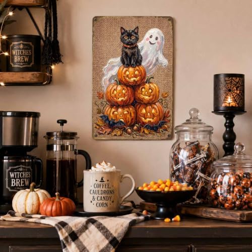 Vintage Halloween Metal Art Sign Black Cat & Pumpkin Wall Decor - Image 6