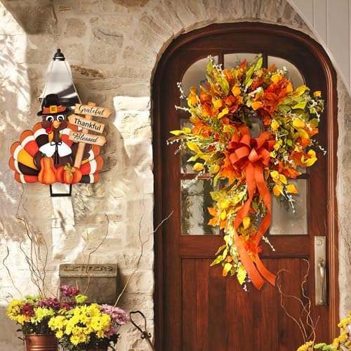 Thanksgiving Decoration Wooden Turkey Pumpkin Door Wreath for Front Door Sign Wall Signs, Thankful Blessed Grateful Pumpkin Sign Hanging for Fall Autumn Harvest Home Halloween Decoration - Image 6