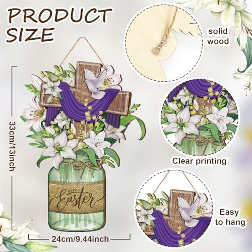 Boao Happy Easter Door Sign Plaque Easter Cross Wooden Hanging he is risen Door Sign Decorations Indoor Floral Spring Wall Hanger for Spring Party Indoor Outdoor Home - Image 3