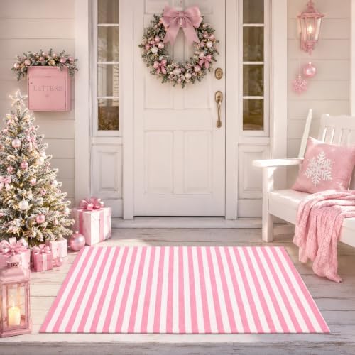 Moucuny Christmas Pink and White Vertical Stripe Outdoor Rug 2'4'' X 3'7'' by Moucuny