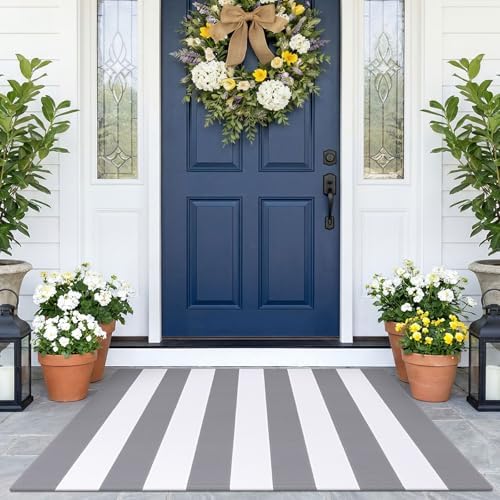 KOZYFLY Striped Rug 2.3x3.6 ft Cotton Woven Front Door Rugs, Gray and White by KOZYFLY