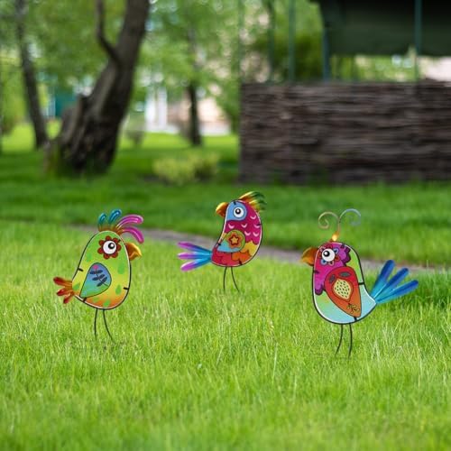 3 Pack Garden Outdoor Metal & Glass Bird Yard Art Decor, Yard Art Decoration for Porch Patio, Garden Statues Sculpture Gifts for Grandma Mom Women (Colorful) by DREAMSKIP