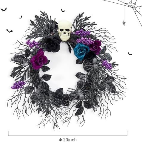 GarveeLife Halloween Skull Wreath for Front Door with Lights, 20 in Pre-Lit Black Purple Rose Spider, Gothic Garland Creepy Decor for Home Wall Porch Outdoor Indoor - Image 4