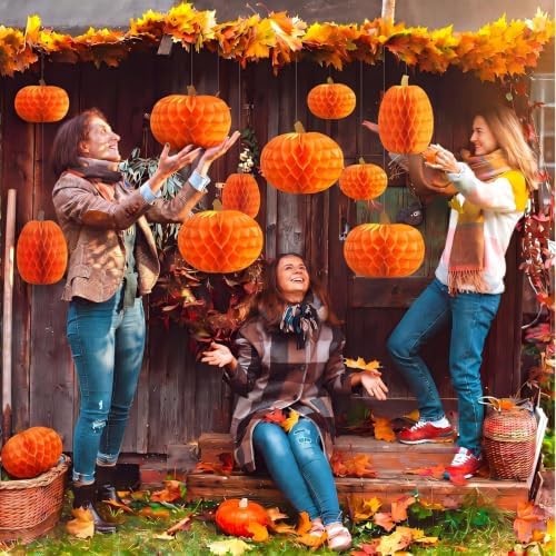Gueevin 30 Pcs Fall Pumpkin Hanging Decorations Thanksgiving Pumpkin Honeycomb Balls Lanterns for Harvest Thanksgiving Party Supplies Indoor Outdoor Halloween Decor - Image 3