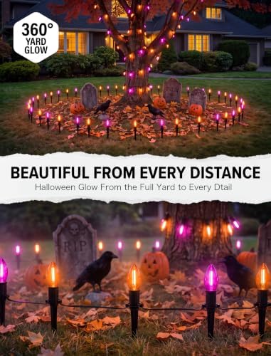 SUNSGNE Halloween Pathway Lights, 19.5Ft Halloween Stake Lights with 10 Count C9 LED Orange and Purple Bulbs for Lawn Yard Sidewalk Garden Decoration - Image 7