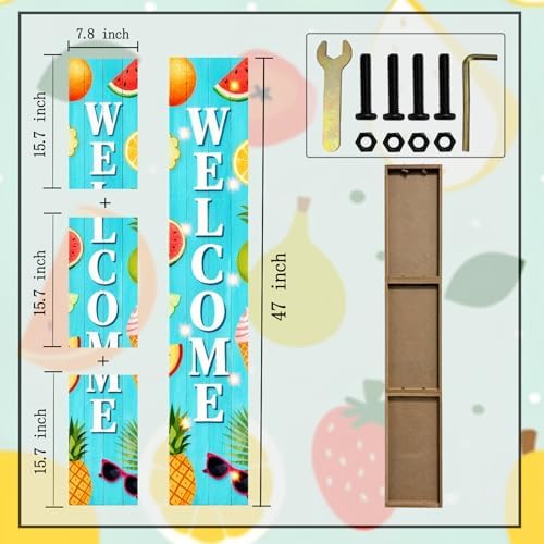 Lighted Summer Welcome Porch Sign 47x7.8 Inch Tall Vertical Wooden Decorative Sign Hanging Standing Front Door Sign with Fruit Pattern for Indoor Outdoor Hello Summer Decor - Image 2
