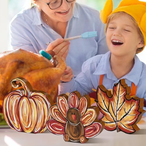 Smile 3 Pcs Wooden Blocks Pumpkin Turkey Maple Signs, Thanksgiving Tiered Tray Decorations, for Home Table Shelf. - Image 6
