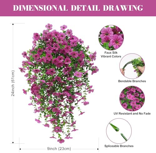 Artificial Fake Hanging Flowers Plant Summer Decoration for Outdoor Faux Silk Daisy with Eucalyptus 4 Pcs Realistic UV Resistant Indoor Outside Garden Porch Patio Balcony Yard Farmhouse9(Light Purple) - Image 4