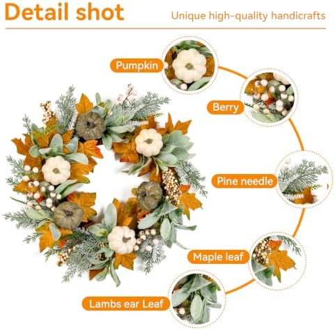 Pinkpum 20" Fall Wreath for Front Door Pumpkin Lambs Ear Wall Decor Autumn - Image 3