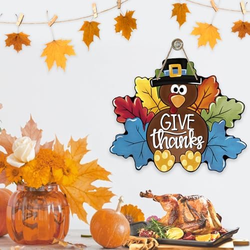 Deroro Thanksgiving Turkey Front Door Sign, Fall Give Thanks Wood Door - Image 5