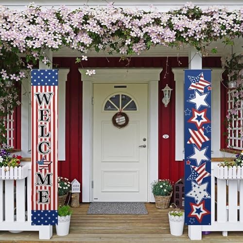 doginthehole Patriotic 4th of July Independence Day Porch Sign Decor Memorial Day Hanging Sign Door Banner for Front Door Farmhouse Outdoor Indoor Welcome Signs Decorations, 2pcs Set by doginthehole