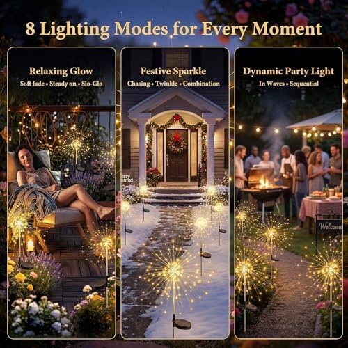 Solar Firework Lights, 10 Pack 120 LEDs 8 Lighting Modes Solar Fairy Garden Lights Outdoor Waterproof for Yard Patio Walkway Pathway Party Wedding Balcony Decorative- Warm White - Image 4