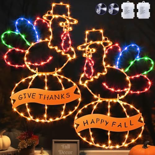 2 Pcs Large Thanksgiving Window Lights Turkey Decorations, Fall Decor Window Lights, LED Turkey Pumpkin Light 2026 Thanksgiving Decor with Timer & 8 Mode & Battery Operated(Yellow Red,23") by ElectricWise