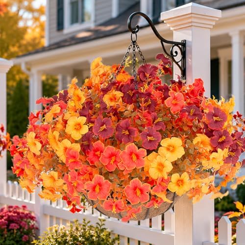 Daynight 2 Set Artificial Outdoor Fall Flowers with Hanging Baskets, 24 Pcs Faux Petunias Flowers with Hanging Planter for Outside Porch Yard Garden Autumn Decor (2, Orange) - Image 7
