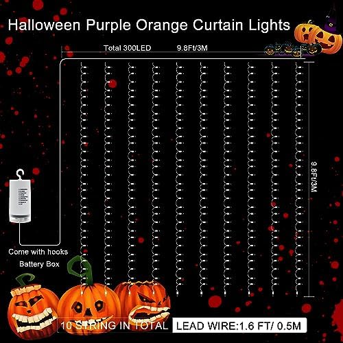 echosari Halloween Curtain Lights Battery Operated 300 LED Purple Orange - Image 6