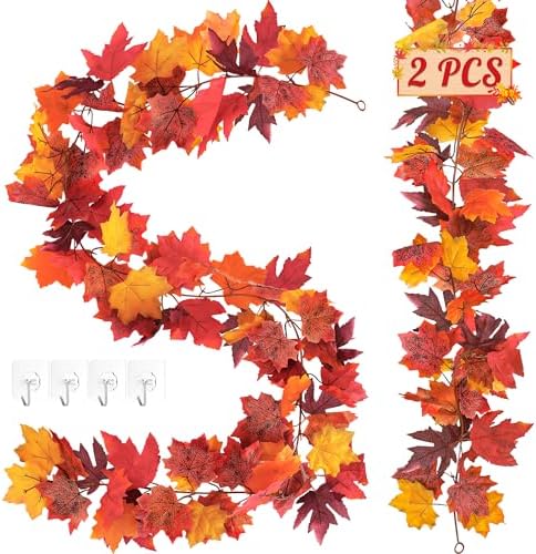 2Pack 11.8FT Fall Garland, Fall Mantle Garland for Indoor Outdoor Autumn by Helimoto