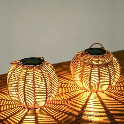 2 Packs Waterproof Solar Lanterns Outdoor,Halloween Rattan Pumpkin Lights - Image 2