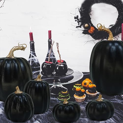 Winlyn 10 Pcs Assorted Artificial Black Pumpkins Decorative Halloween Pumpkins Black Faux Pumpkins Foam Pumpkins for Fall Halloween Thanksgiving Holiday Tabletop Centerpiece Mantel Décor - Image 6