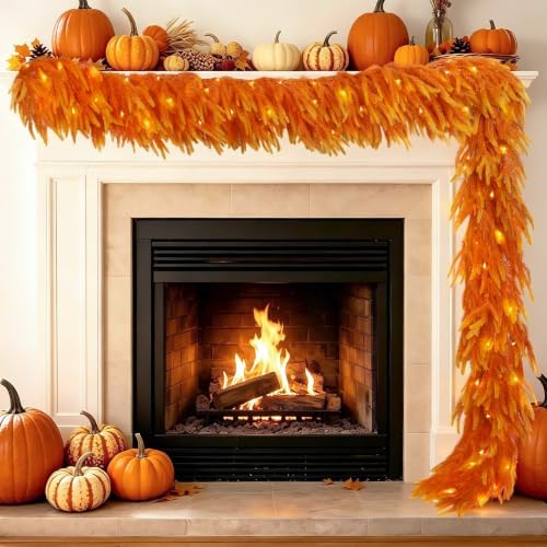 9FT Soft Touch Thanksgiving Norfolk Pine Fall Garland with Timer Lights by Obralitic