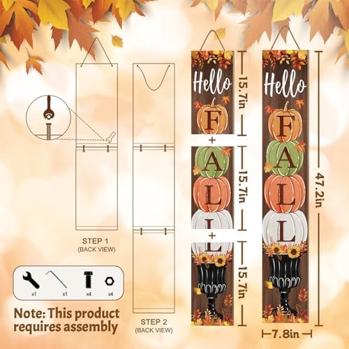 Fall Porch Sign, Hello Pumkpkin Sign for Front Porch, 3 Pumpkins Wooden Sign Yard, Vertical Wood Sign Standing for Patio Front Door Porch, Autumn Home Party Entryway Yard Wall Decor Indoor Outdoor, 47x8 inch - Image 2