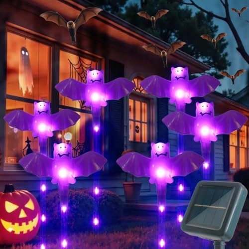 Halloween Decorations Outdoor Solar Bat Garden Lights,6 Pack 56LED Solar Halloween Bats Lights, Waterproof Solar Pathway Lights for Outside Patio Yard Lawn Grave Party Gifts Decor Purple by Xingpold