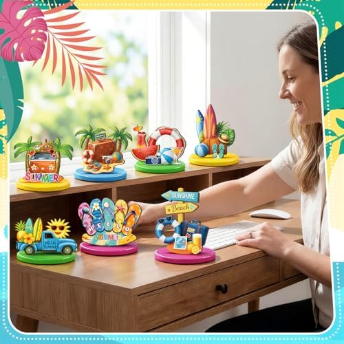 Wesiti 12 Pcs Summer Table Decor Wooden Summer Beach Table Centerpieces Beach Pool Balls Palm Tree Flamingo Tabletop Topper Tropical Hawaii Tiered Tray Decor for Kitchen Holiday Pool Party Supplies - Image 5