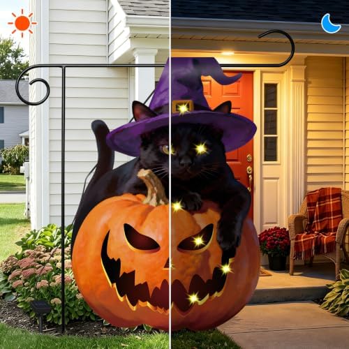 12 x 18 Inches Lighted Halloween Black Cat Pumpkin Garden Flag Decorations - Solar Powered Vertical Yard Flag with LED Lights, Witch Cat Jack O Lantern Printed Outdoor Porch Lawn Halloween Decor - Image 4