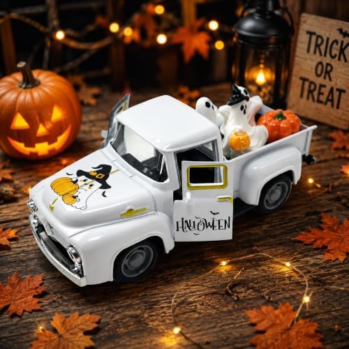 Halloween Vintage Metal Pickup Truck Decor with Ghost and Pumpkin Figurines, 5.7 Inch White Farmhouse Tabletop Decoration, Spooky Halloween Centerpiece for Tiered Tray, Mantel, Shelf and Party - Image 6