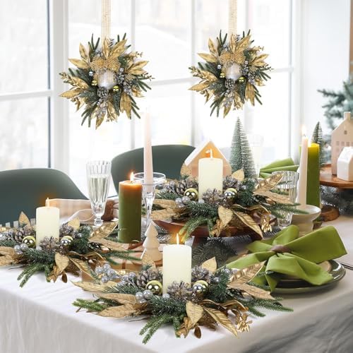 6 Pcs 9 Inch Christmas Wreaths for Kitchen Cabinet Artificial Pine Hanging Cedar Wreath with Christmas Balls Golden Twigs and Silver Berries for Front Door Xmas Winter Farmhouse Home Decorations - Image 4