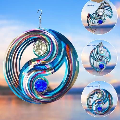 FONMY Mandala Wind Spinner w/Crystal Ball-Fengshui 3D Stainless Steel Hanging Spinners Worth Gift Christmas Decoration Indoor/Outdoor Garden Décor Kinetic Yard Art 12 Inches Wind Sculpture - Image 3