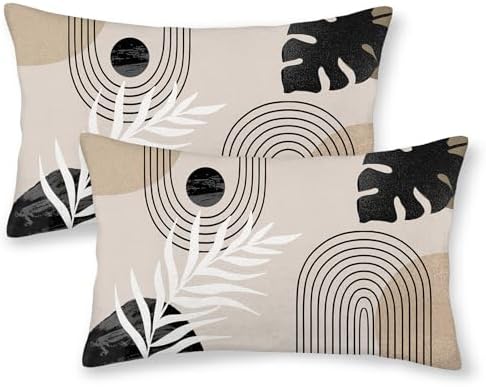 Boho Black Pillow Covers 12x20 Set of 2 Mid Century Beige Tropical Leaf Throw Pillow Covers Outdoor Decor Modern Abstract Decorative Pillow Cases Farmhouse Linen Cushion Case for Couch Sofa by JEFERSO