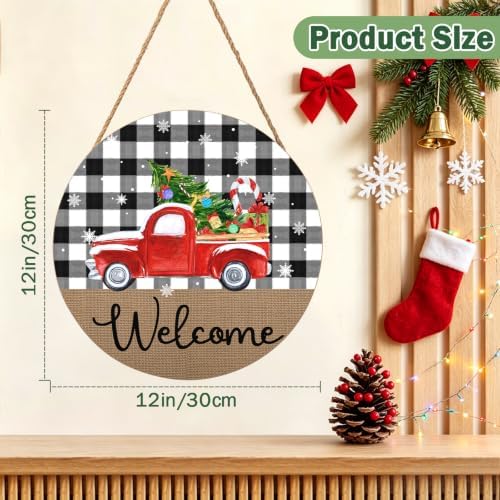 Christmas Welcome Front Door Sign for House Merry Christmas Holiday Decoration Hanging Sign Red Truck Xmas Round Wood Wreaths for Home Wall Porch Yard Garden Farmhouse Xtmas Day 12"x12" - Image 2