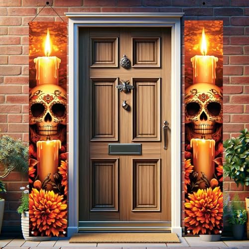 2PCS Day of The Dead Porch Banners 71 x 12 Inch Dia de Los Muertos Candle Skull Decorations Heart Eyes Sugar Skull Marigold Flower Hanging Signs for Halloween Mexican Festival Wall Decor - Image 4