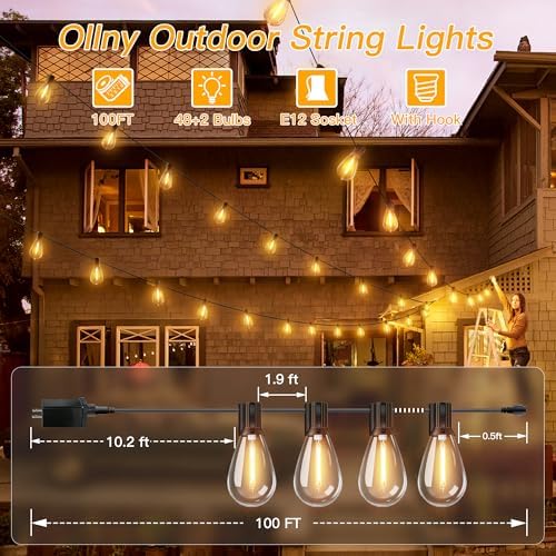 Ollny S11 100FT Outdoor String Lights with Remote, Plug in Waterproof Connectable 3 Modes Dimmable Timers Patio Lights with 48+2 LED Spare Bulbs, Dusk to Dawn Outdoor Light for Outside Bistro Yard - Image 6