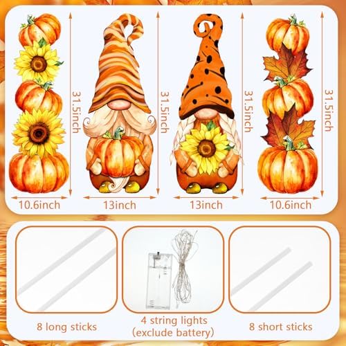 4 Pcs Fall Outdoor Decorations Metal Pumpkin Gnome Yard Sign with LED - Image 3