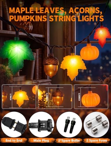 8.5FT 10LED Pumpkin Maple Leaf Acorn Fall String Lights Decorations Plug in - Image 3
