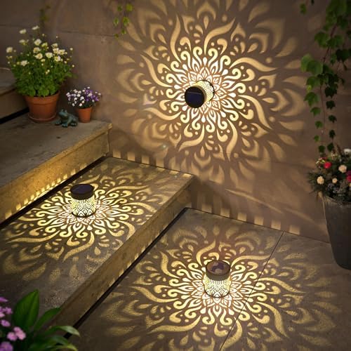2 Pack Large Solar Fence Lights Metal Solar Powered Outdoor Wall Deck Step Lights Mandala Theme Waterproof Fence Light for Garden Post Patio Backyard Yard Decor, Gardening Gifts for Women Mom Grandma - Image 4