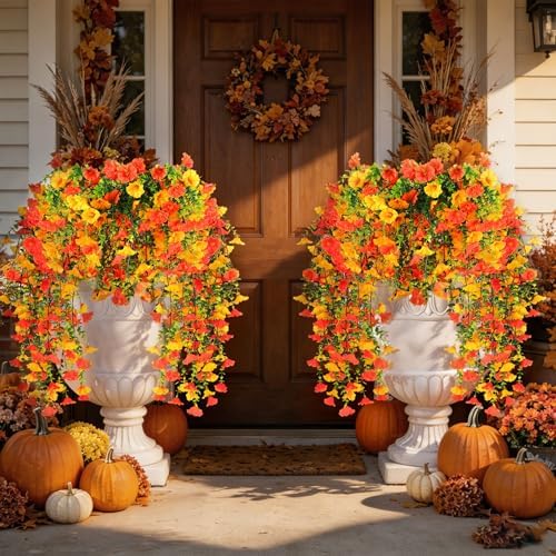 6 Pcs Artificial Hanging Flowers 30 Inch Yellow Orange Morning Glory Vines UV Resistant Fake Hanging Plants Silk Hanging Flowers for Outdoor Fall Autumn Thanksgiving Garden Patio Window Decor - Image 3