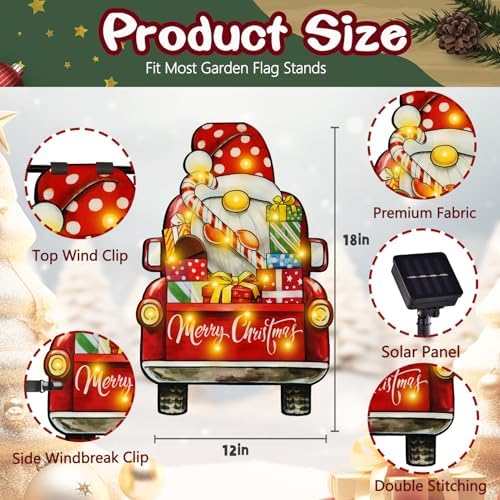 12x18 Lighted Christmas Dwarf Garden Flag, 8 Modes Solar LED - Image 2