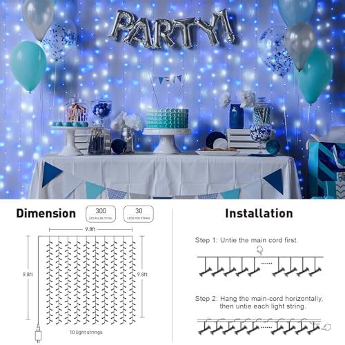 JMEXSUSS 300LED Christmas Curtain Lights Plug in, Blue and White, 9.8x9.8ft - Image 6