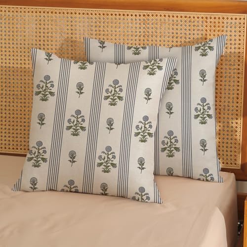 Blue Sage Green Pillow Covers 18x18 Inch Set of 2 Vintage Block Print Floral Throw Pillows Striped Flower Boho Decorative Pillow Cases Linen Outdoor Accent Linen Cushion Cover for Couch Sofa Bed - Image 3