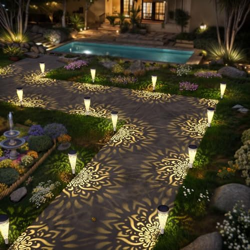 gardencave 6 Pack Solar Lights Outdoor Garden Decorative Mandala Solar Garden Lights with Warm Light Waterproof Solar Pathway Landscape Light for Path Patio Backyard Walkway Yard Decor (White) - Image 5