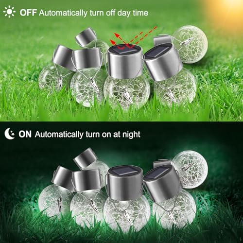 Solar Lights Outdoor Hanging Decorative Globe 8 Pack, Waterproof Solar Lantern with Handle and Clip, Solar Powered Glass Ball Lights for Garden Yard Fence Tree Umbrella Holiday Décor, Cold White - Image 4