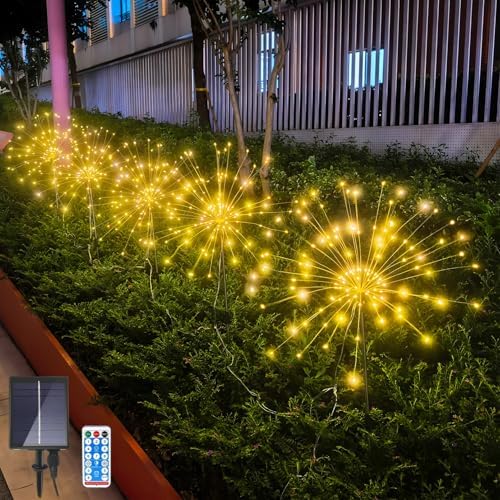 Solar Garden Firework Lights Outdoor, 5 Pack 600 LED 8 Lighting Modes Waterproof Landscape Decorative Sparklers Twinkling Starburst Lights for Yard Pathway Walkway Christmas, Warm White by JAMISAY