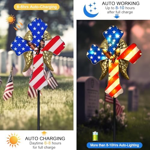 4th of July Decorations Outdoor,Solar Cross for Cemetery Grave Yard Decor | Cemetery Decorations Garden Stakes,Patriotic Eagle Cross Solar Lights Outdoor Pathway,Lawn,National Day Remembrance Gifts - Image 3