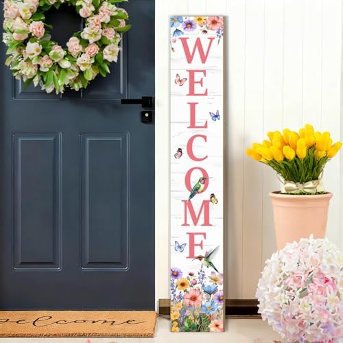 Hummingbird Welcome Sign for Front Door, Fall Porch Sign Tulip Flowers Outdoor Yard Sign Seasonal Tall Floral Welcome Porch Sign Wildflowers Wood Door Sign for Garden Patio Wall Home Decor by Unknown