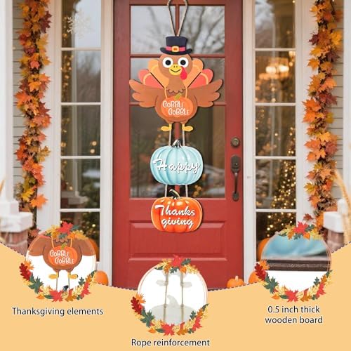 EpcrenAra Thanksgiving Door Hanging Sign Decorations, Wooden Fall Wall Hanger Decor Turkey Pumpkin Wreath Front Door Signs for Porch Wall Indoor Outdoor Deco - Image 3